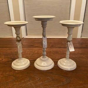 Beautiful Beige Glossy Enamel Tall Skinny Candle Holders Set of 3
